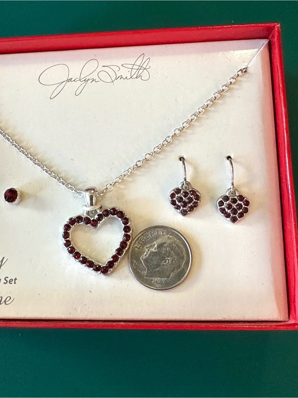 NIB January Garnet Heart Necklace & Earring Set