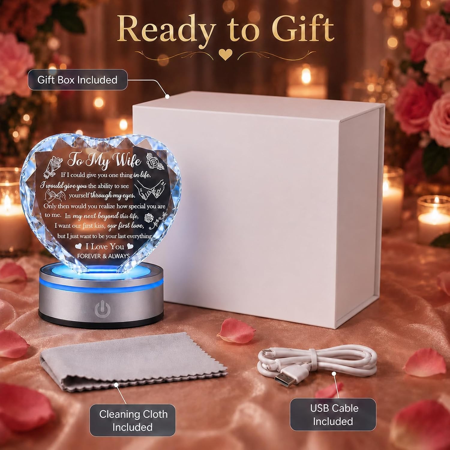 Romantic K9 Crystal Heart Gift for Wife with LED Base Anniversary Birthday