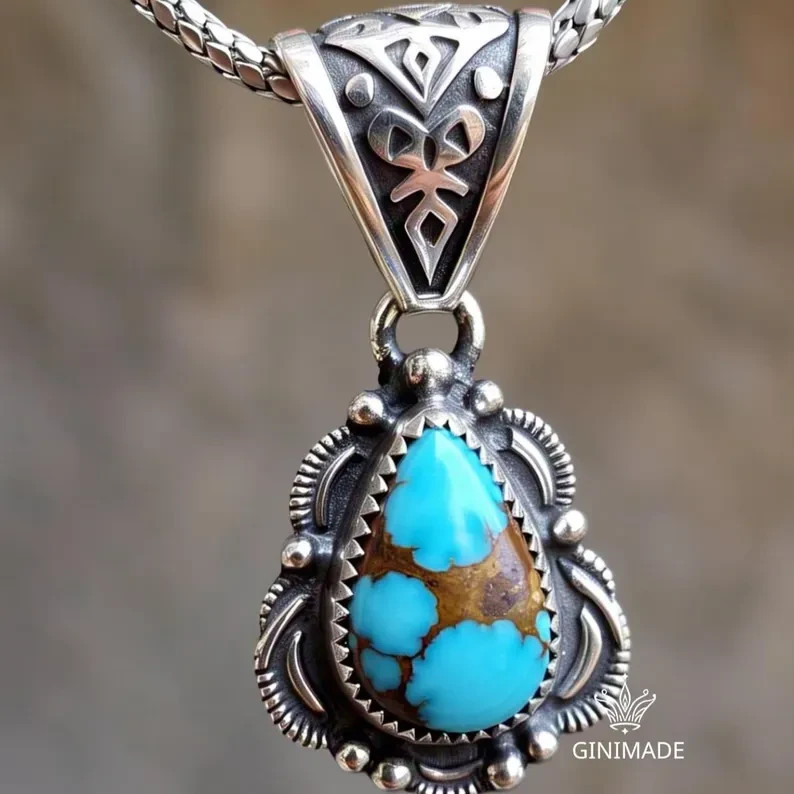 Navajo Style Turquoise Pendant Necklace in Sterling Silver