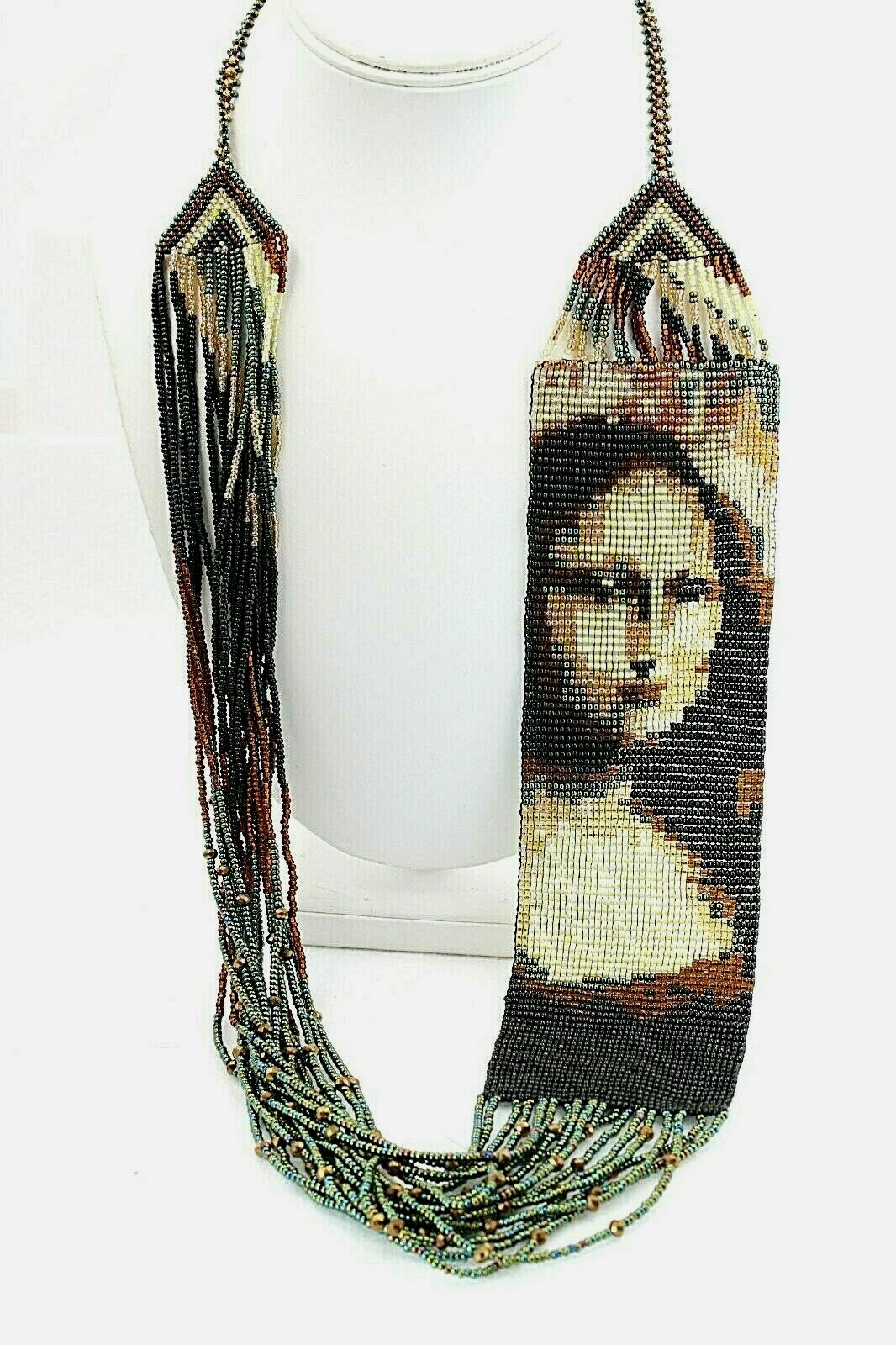 Mona Lisa Woven Glass Hand Beaded Multi-Strand Necklace Magnetic Clasp 34″ NEW