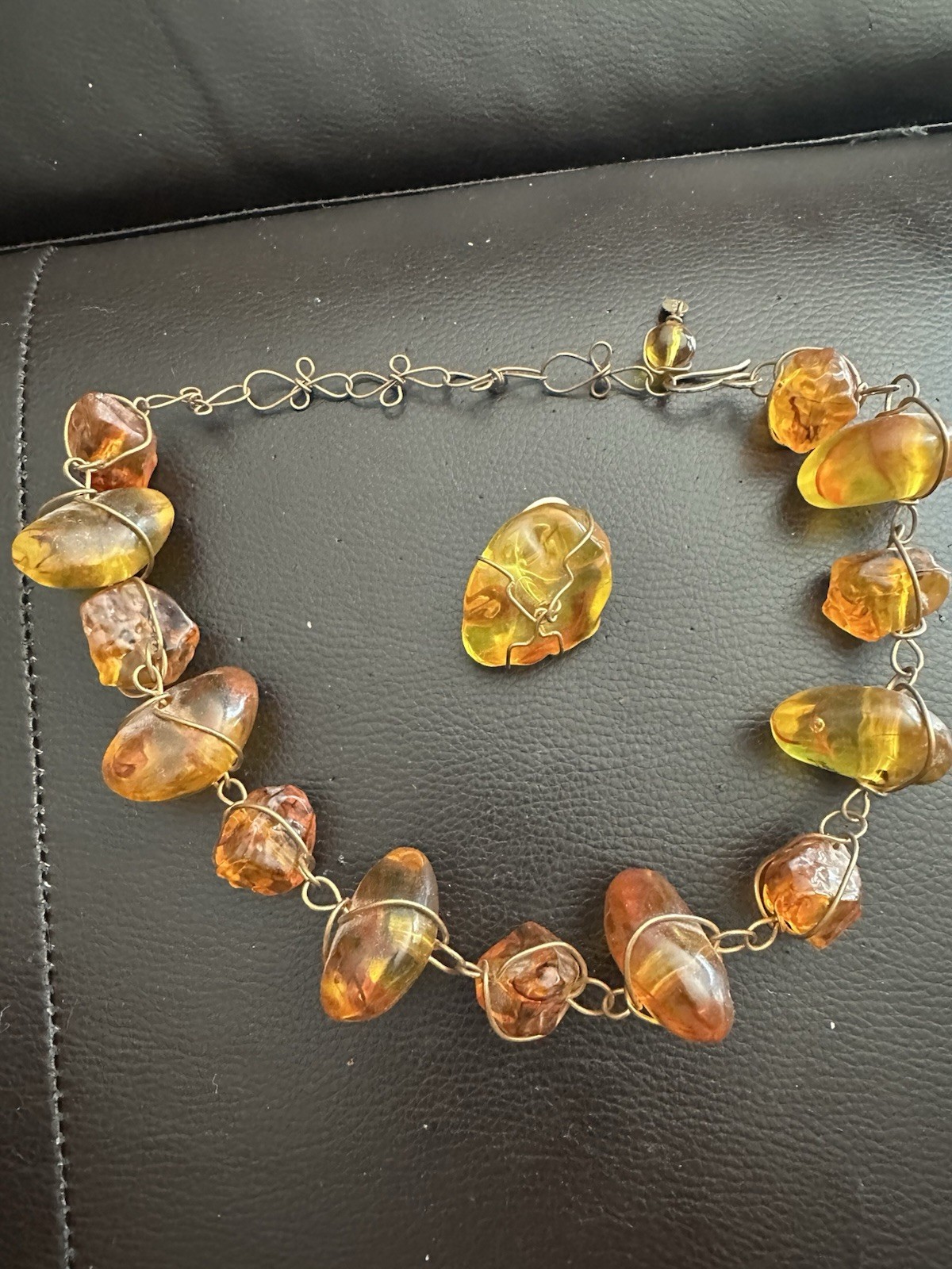 ABRA Signed Amber Freeform Beaded Wire Wrap Necklace Link & Clip On Earrings