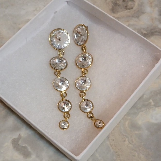 Gold Tone Bezel Set Clear Simulated Crystal Dangle Drop Earrings