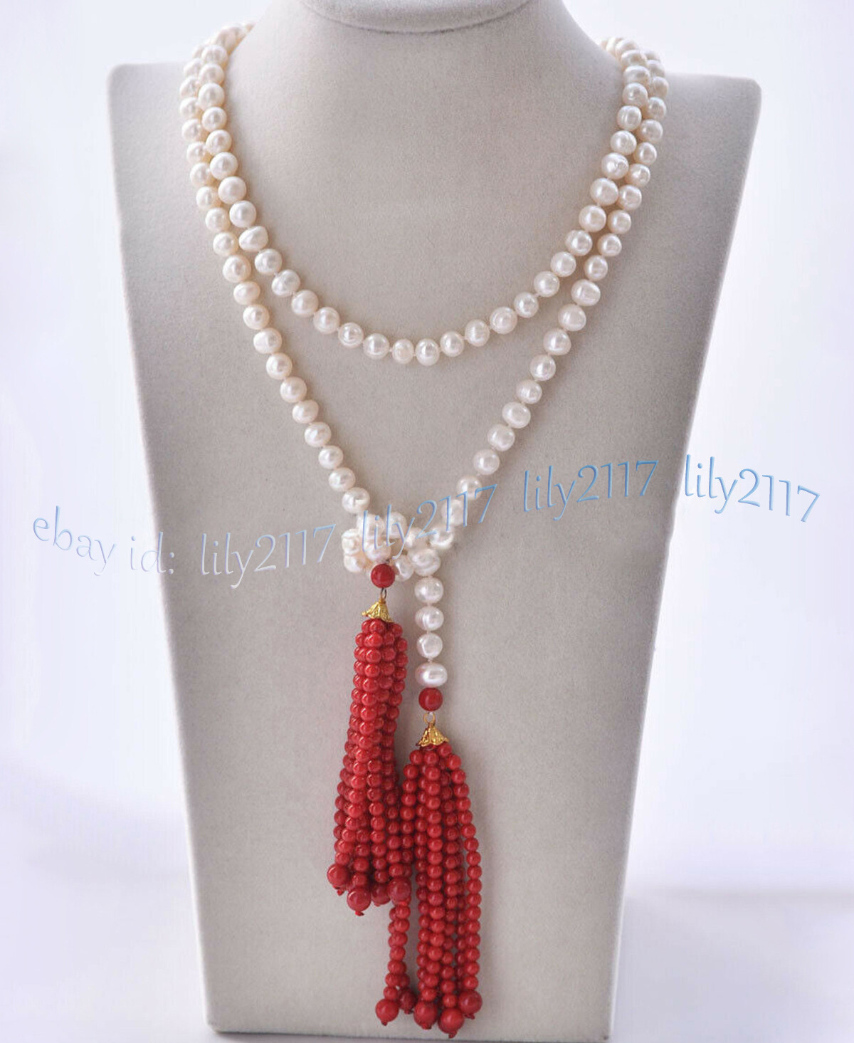 7-8mm Natural White Round Freshwater Pearl 4mm Red Coral Tassels Necklace 48″