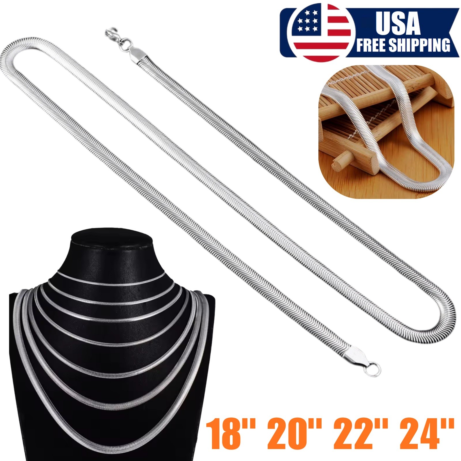 Silver Plated Flat Snake Chain 18- 24 In Necklace Men Women Jewelry 2-4 mm USA