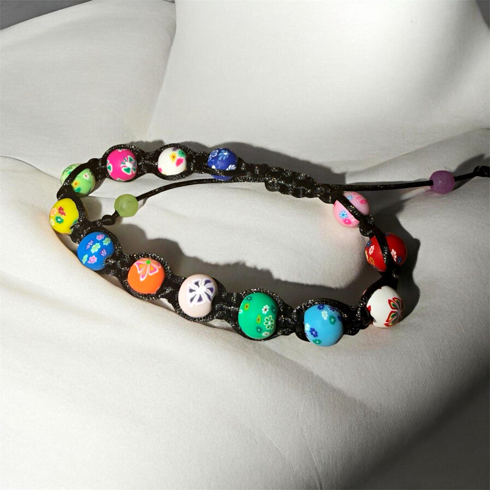 Adjustable Clay Beaded Bracelet Multicolor & Black Cord Chain Slide Closure