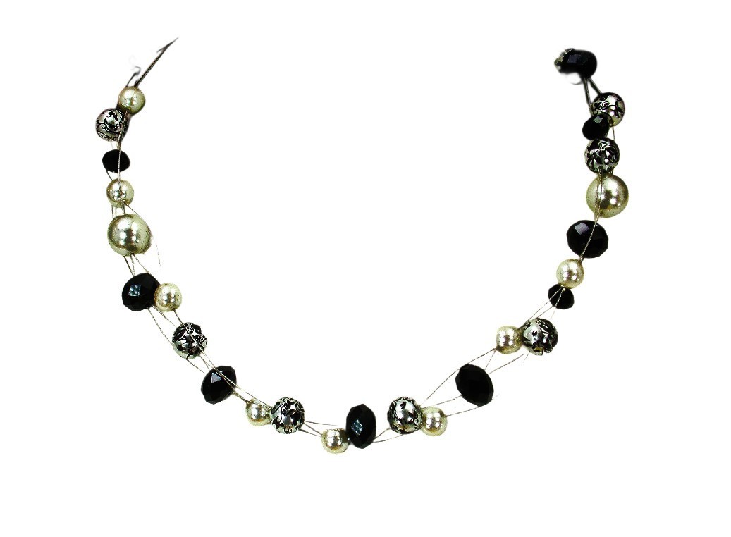 Black, white and silver glass bead necklace on illusion multi strand wire New