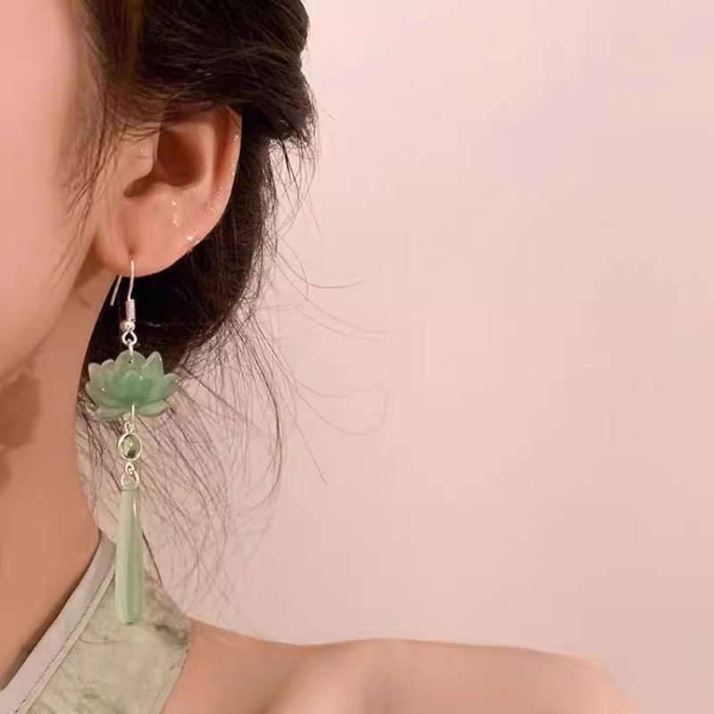 1Pair Exquisite Lotus Jade Tassel Earrings Hanfu Earrings Pendants Accessories
