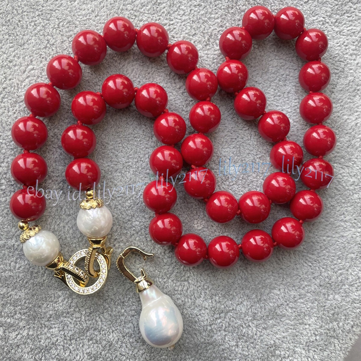 Red Coral Round Gems Beads Natural White Keshi Baroque Pearl Pendant Necklace