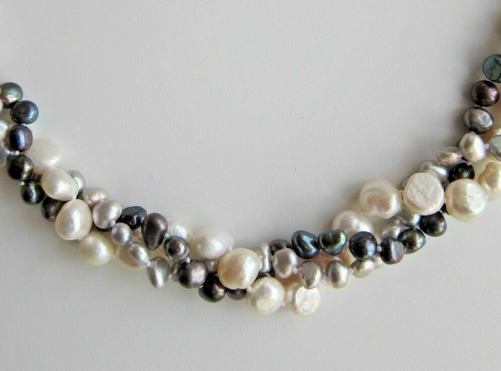 3 or 4 Row Baroque Multicolour F.W. Cultured Pearl Necklace; White, Black & Grey