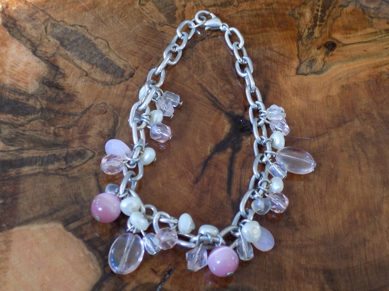 9″ Pale Pink, white and Clear Bead Silver Tone Chain Dangle Bracelet (189)
