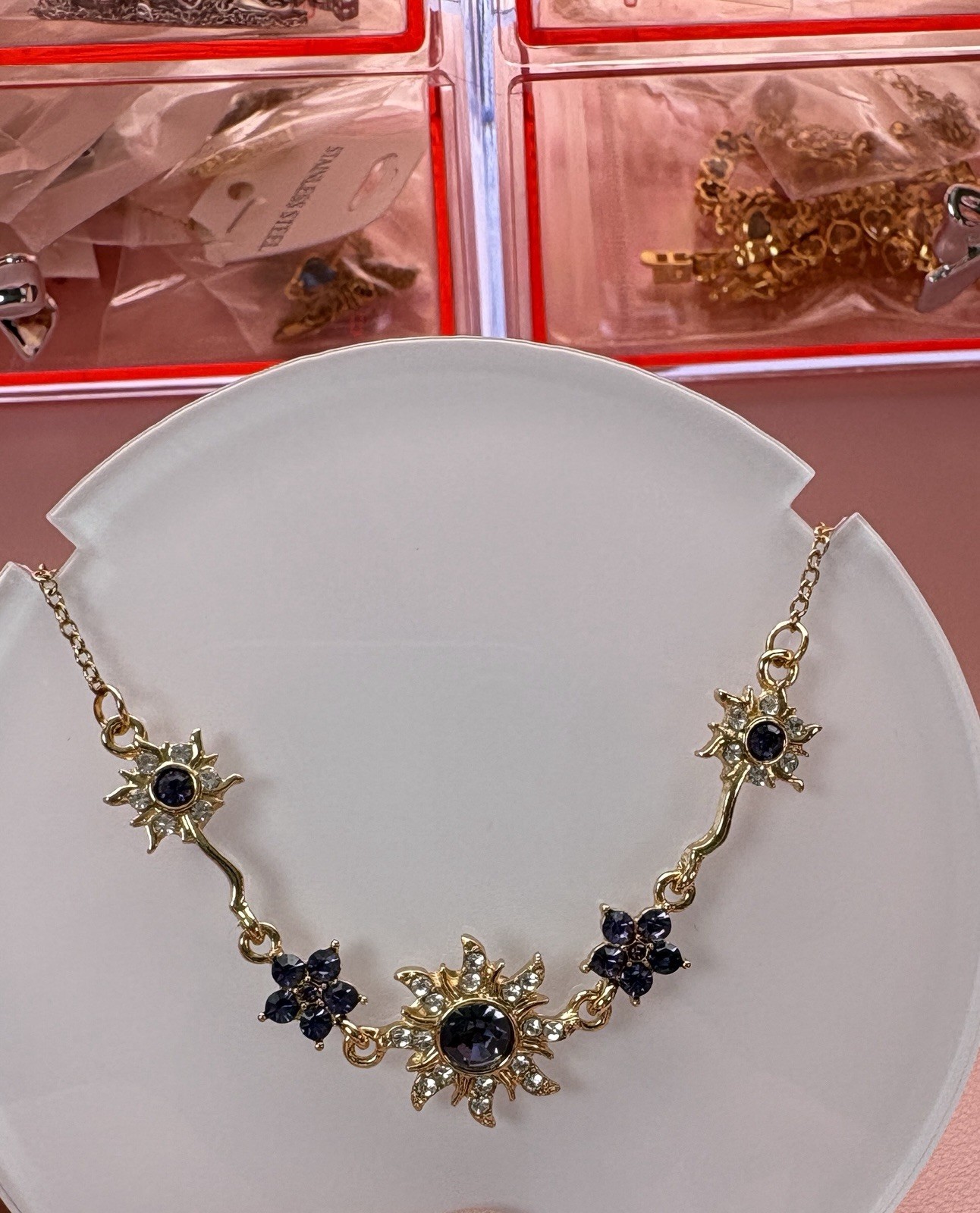Gold Tone Blue CZ Sun Jewelry Set Round Cubic Zirconia Necklace Bracelet Ring