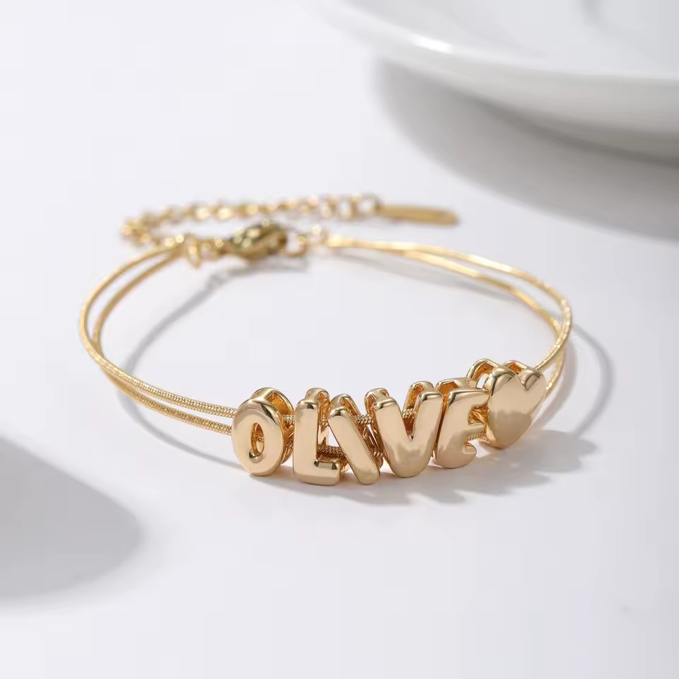 Customized Name Bubble Letters Bracelet Snake Chain Charm Jewelry Gold Silver