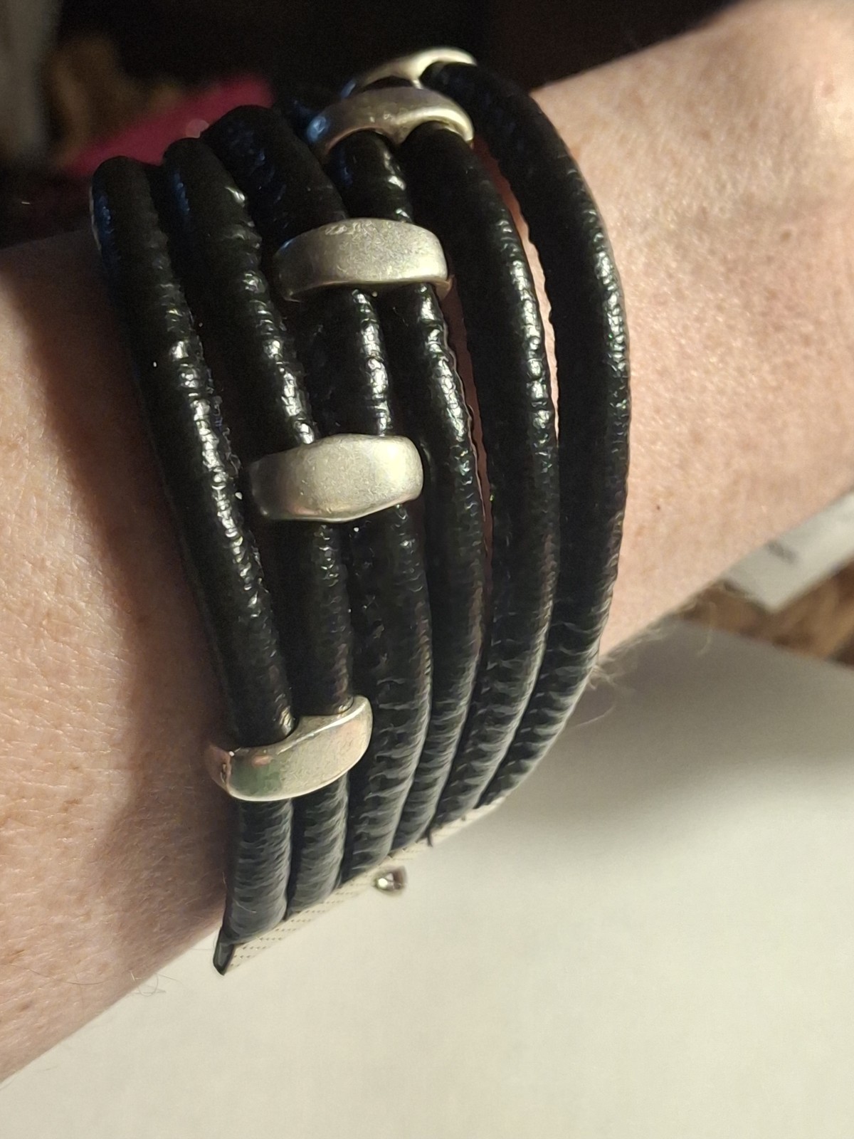 Pre-owned no brand black faux leather or vinyl bracelet w/ silvertone hardware