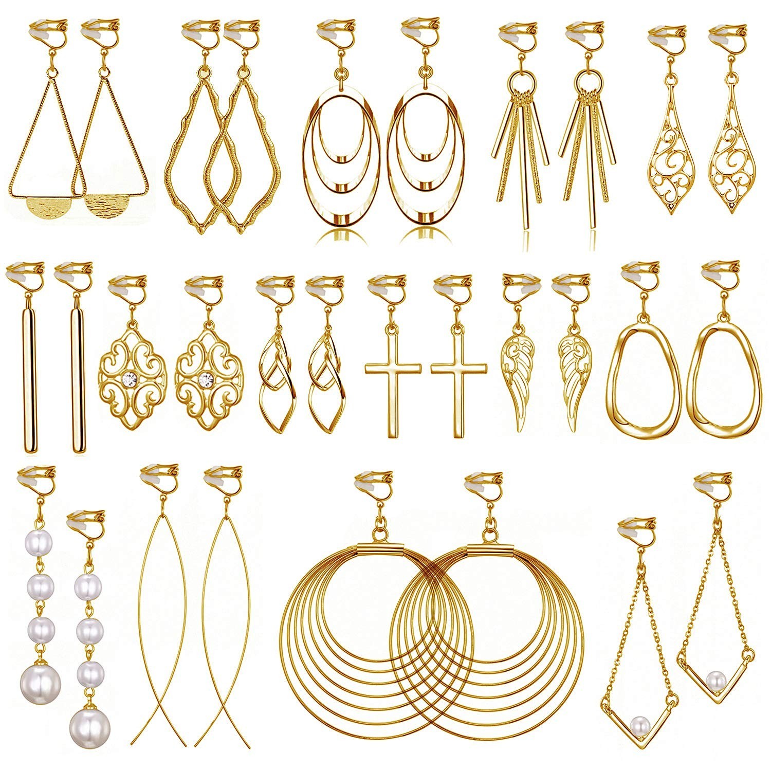 15 Pairs Lightweight Gold Clip-On Earrings Set for Women, Fashion Jewelry Collec