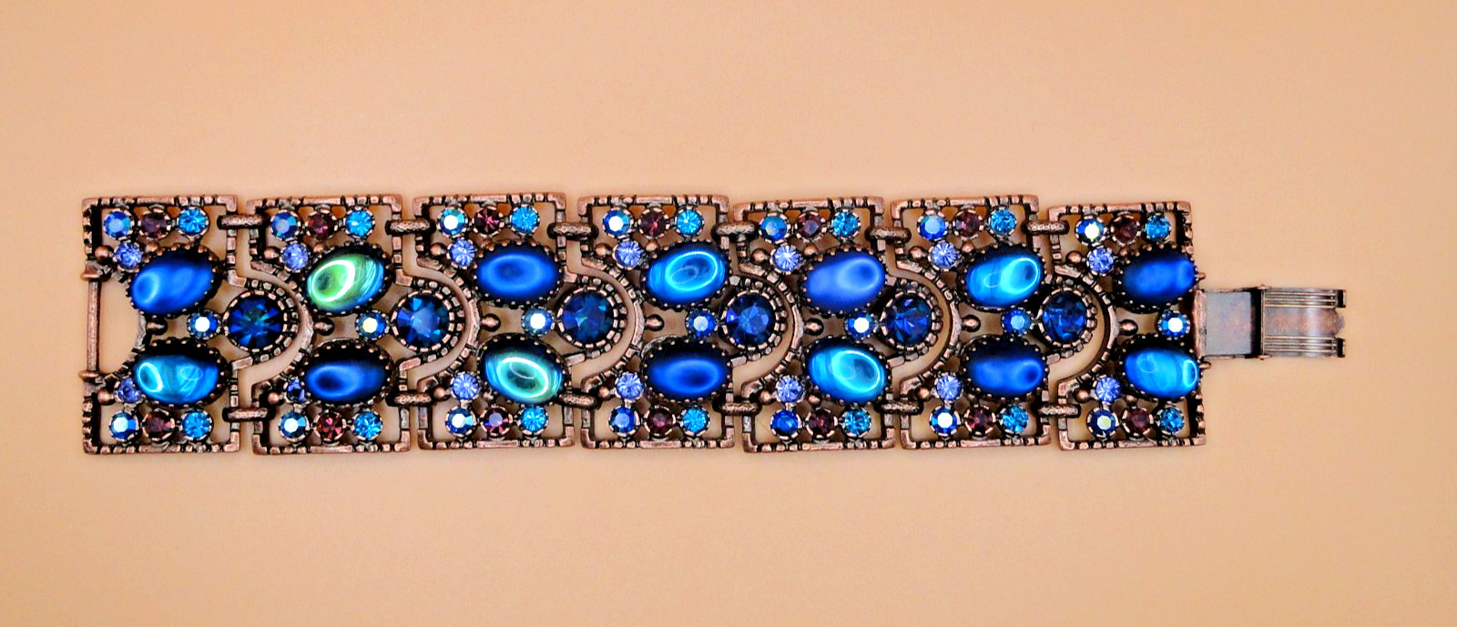 MINT Sweet Romance USA Bronze Link Bracelet with Blue Art Glass & Rhinestones