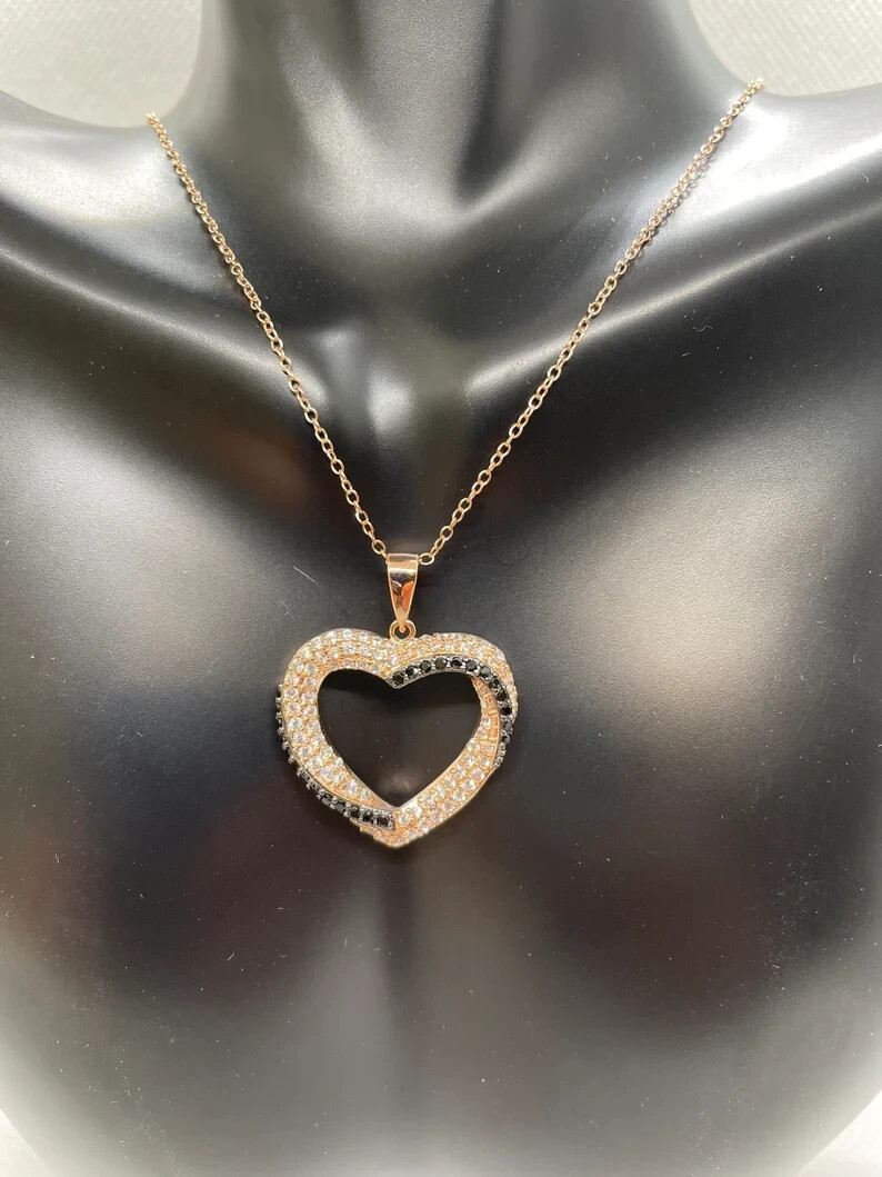 Rose gold over 925 sterling silver heart necklace lab simulated diamonds