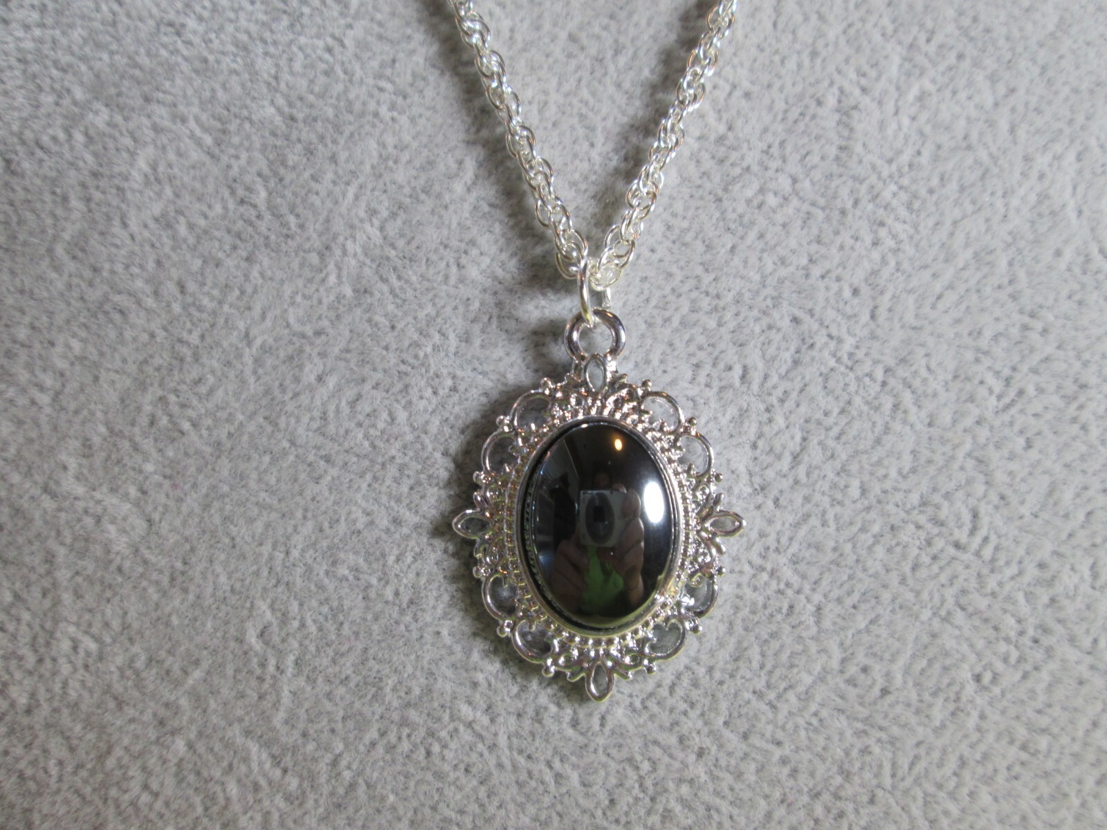 Genuine Hematite Oval Pendant w/ 18″ Silver Plated Rope Chain / N