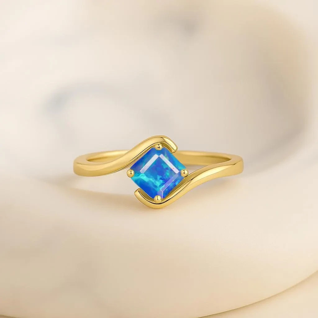 Natural Fire Blue Opal Gemstone Statement Ring, Ethiopian Opal Gemstone Gold