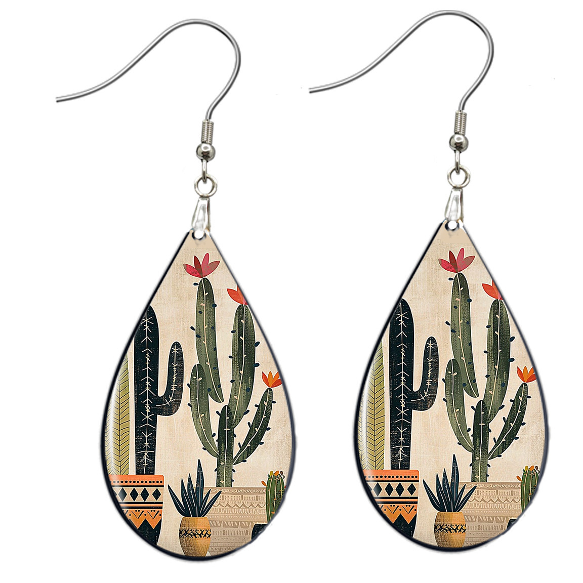 Cactus Earrings NO TARNISHING Teardrop Dangle Flowering Cacti Graphic Art Print