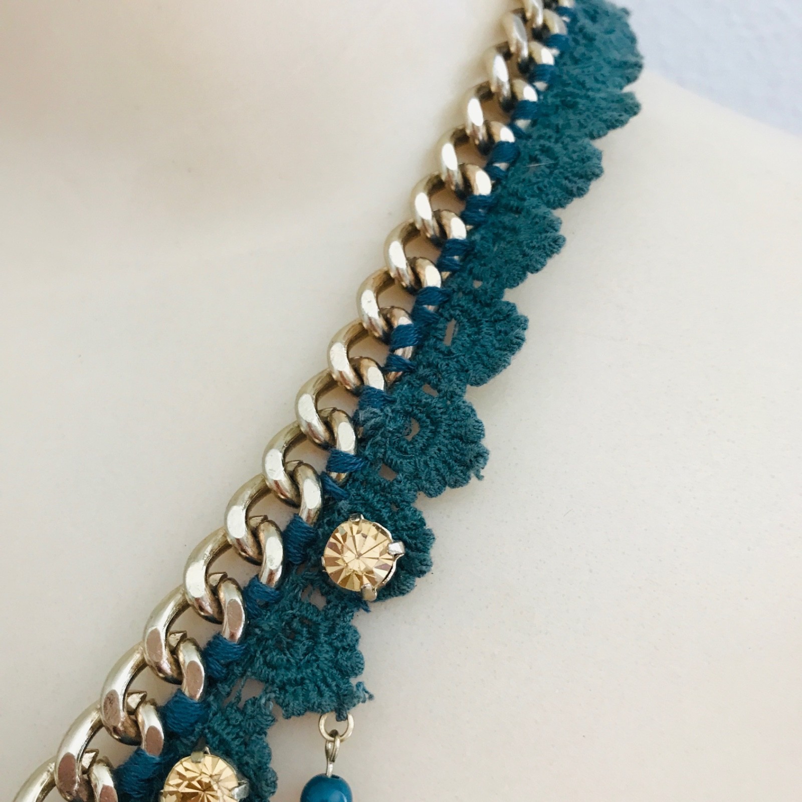 Statement Bib Necklace Gold Chain Green Lace Teal Coral Crystal Bead Drop Fairy