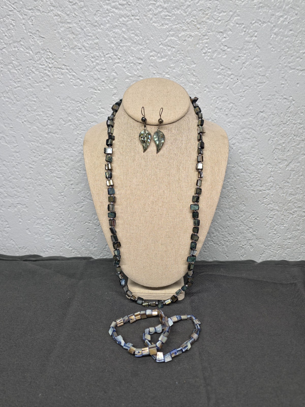 Boho Black Abalone Shell Necklace Earring Bracelet Lot Leaf Square Mosaic 26″
