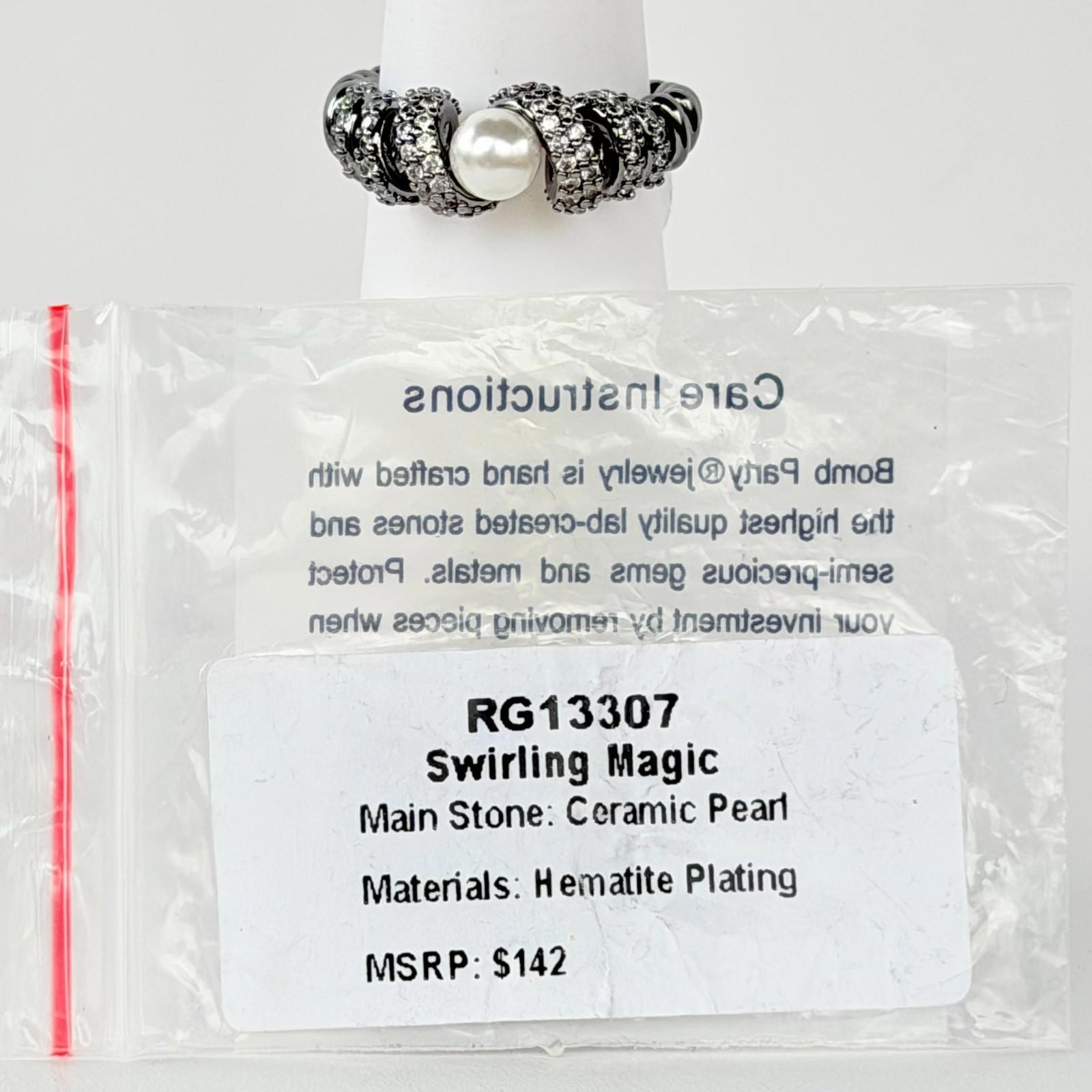 Bomb Party June Ring Sz 9 “Swirling Magic” Ceramic Pearl on Hematite