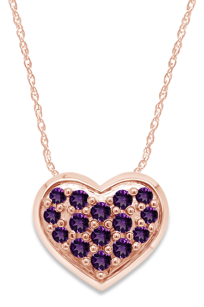 Simulated Diamond Amethyst Heart Pendant Necklace in 14k Rose Gold Plated Silver