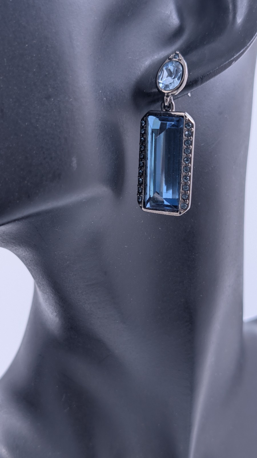 Vintage GIVENCHY Art-Deco Style Gunmetal Blue Crystal Drop/Dangle Stud Earrings
