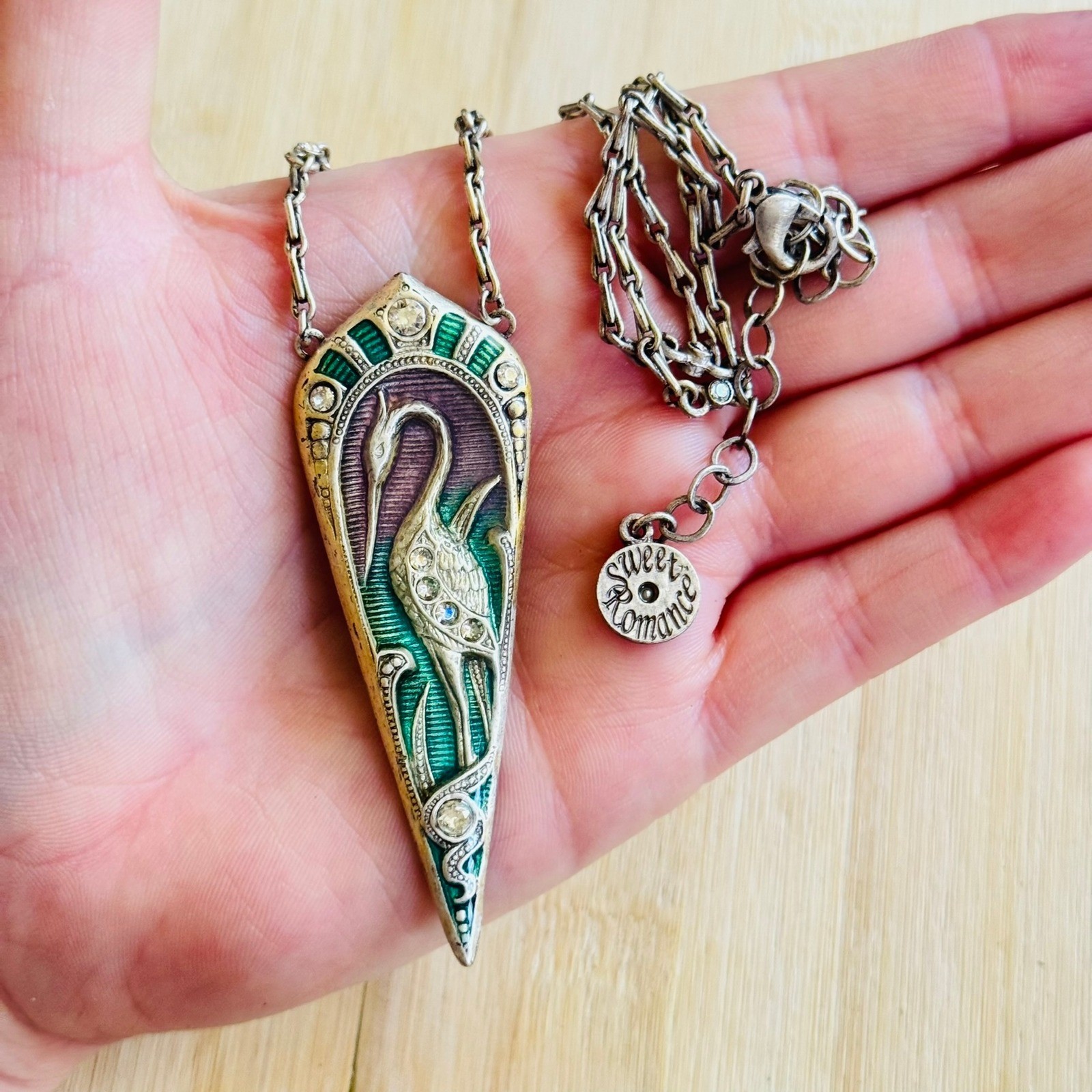 Sweet Romance USA Enamel Egret Art Nouveau Necklace Silver Enamel Rhinestone 22″