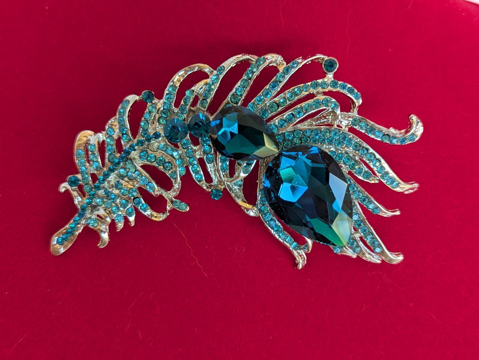 Blue Rhinestone Feather 3 3/4″ x 2 1/4 ” Brooch Pin
