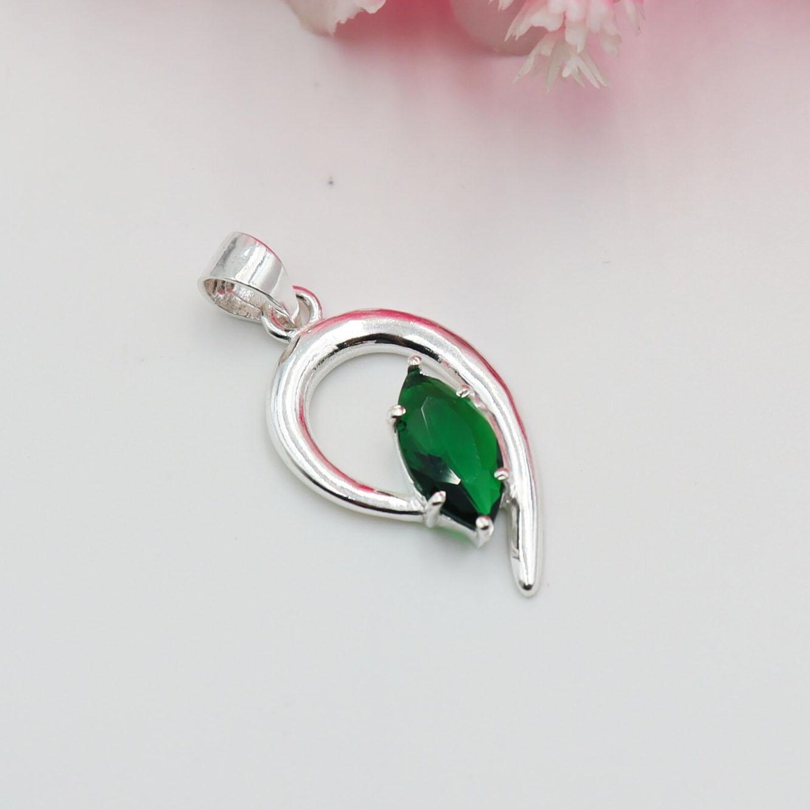 925 Green Onyx Sterling Silver Pendant, Marquise Cut, Half Heart Design