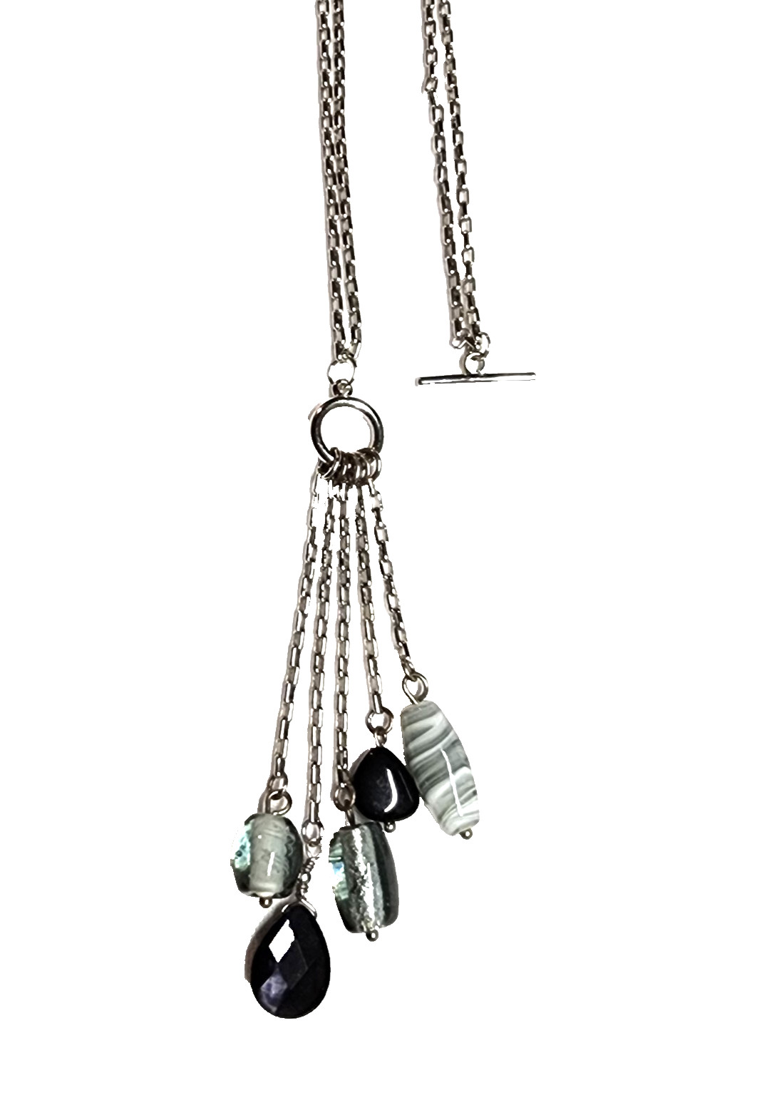 Black Gray Silver Tone Art Glass Bead Tassel Pendant Necklace 14″ Choker GUC