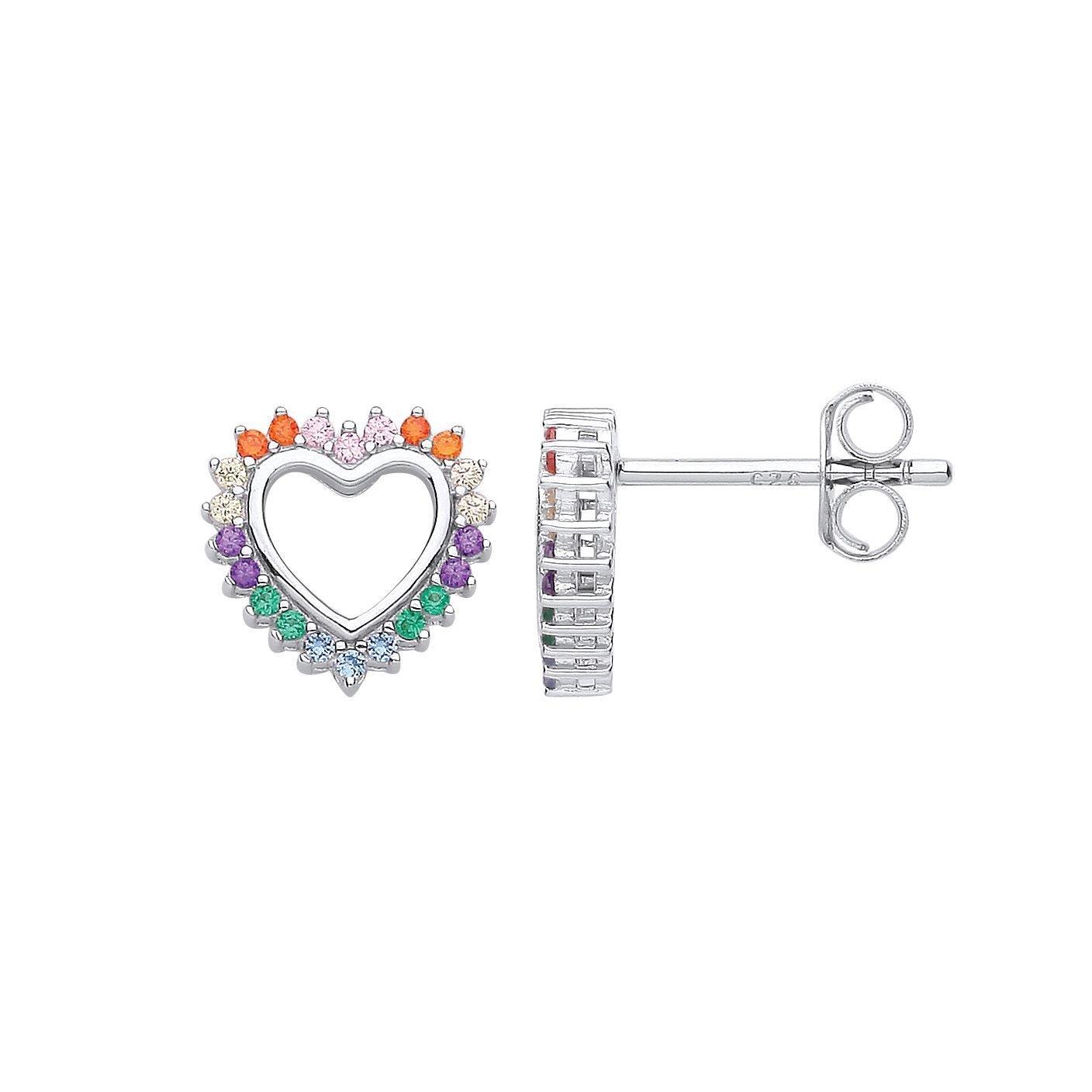 Silver Jewelco London Rainbow CZ Pave Pastel Fizzy Open Love Heart Stud Earrings
