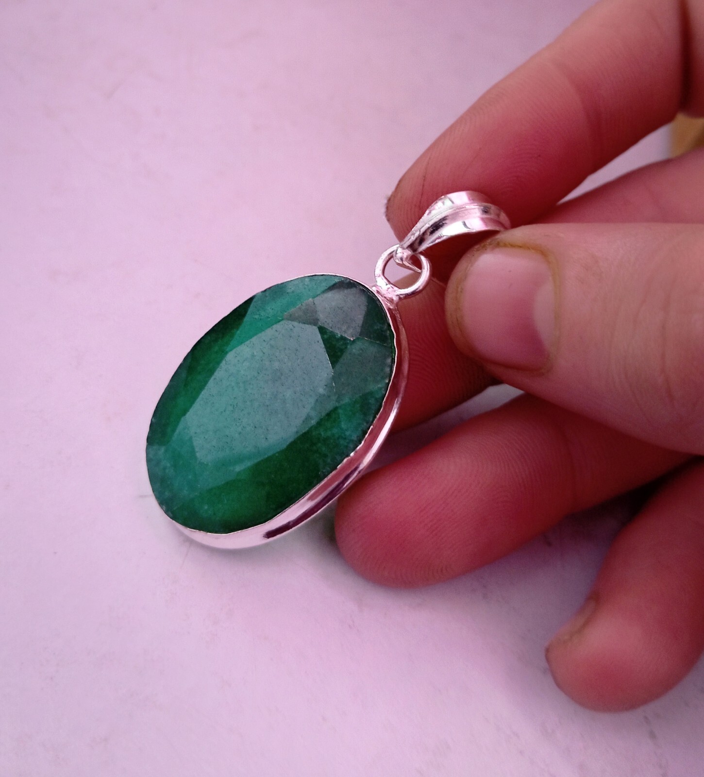 Emerald Silver Pendant 925 Sterling Silver Handmade Gemstone Pendant 1.97”