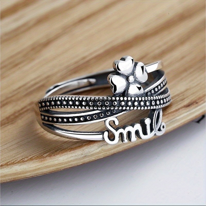 Women’s Fashion Four-leaf Clover Letter Ring Adjustable Opening Copper Ring