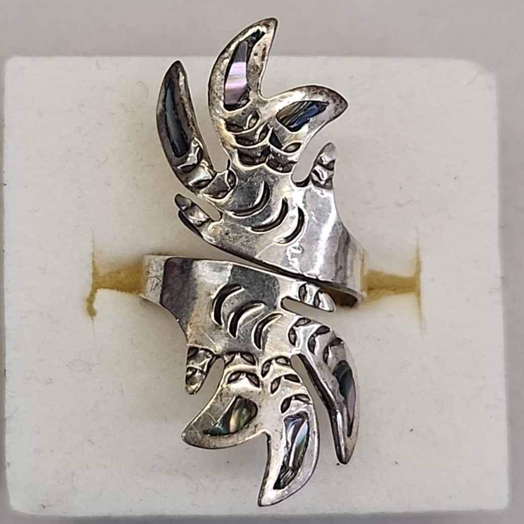 Mexican Abalone Ring 925 Sterling Silver Carved Taxco Chicken Feet Signed 7