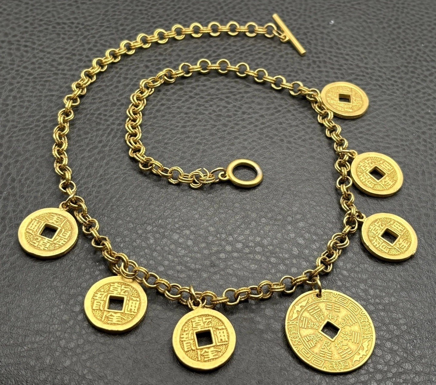 VTG Gold Tone Chinese Asian Style Coin Bib Charm Necklace Statement 23” Long