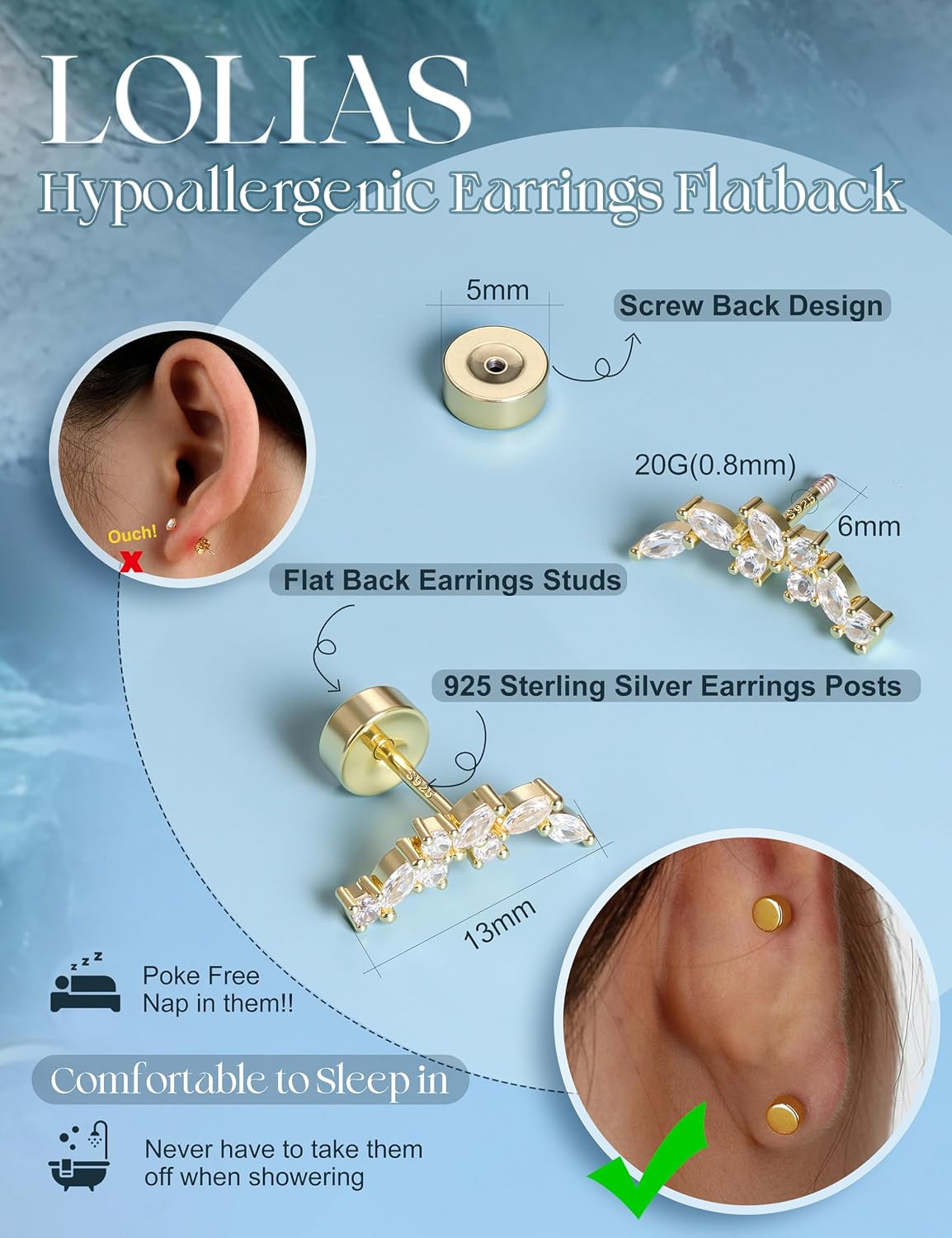 Hypoallergenic Cartilage Earrings for Women Flat Back-925 Sterling Silver Post S