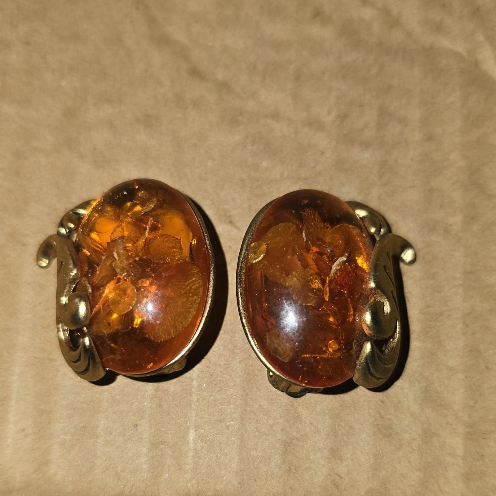 Silver Tone Clip-On Stud Earrings Oval Brown Amber Cabochon Bezel Pair