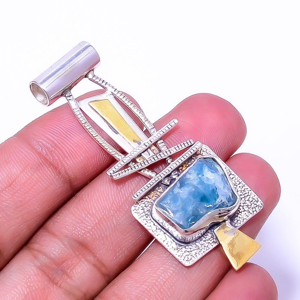 Natural Rough- Aquamarine- Brazil 925 Sterling Silver Two Tone Pendant 2.15″ P1