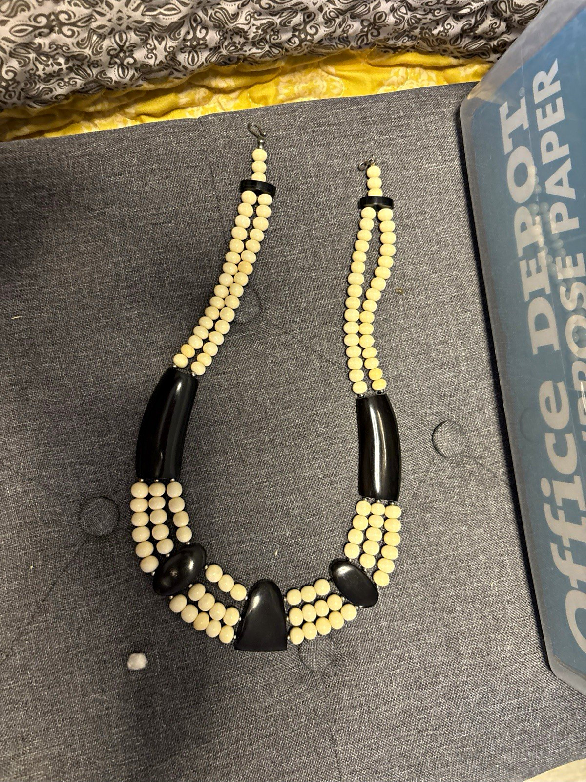 Vintage Black & White Plastic Beaded Statement Necklace Ball/Bead Chain Hook