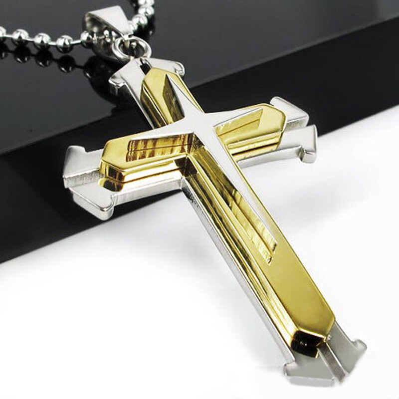 Vintage Cross Pendant Necklace BLUE & Gold Stainless Steel Alloy Unisex Crucifix