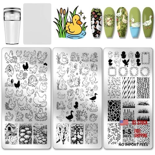 3pcs Chickens Ducks Nail Stamp Plate Farm Theme Print Art Template Stainless