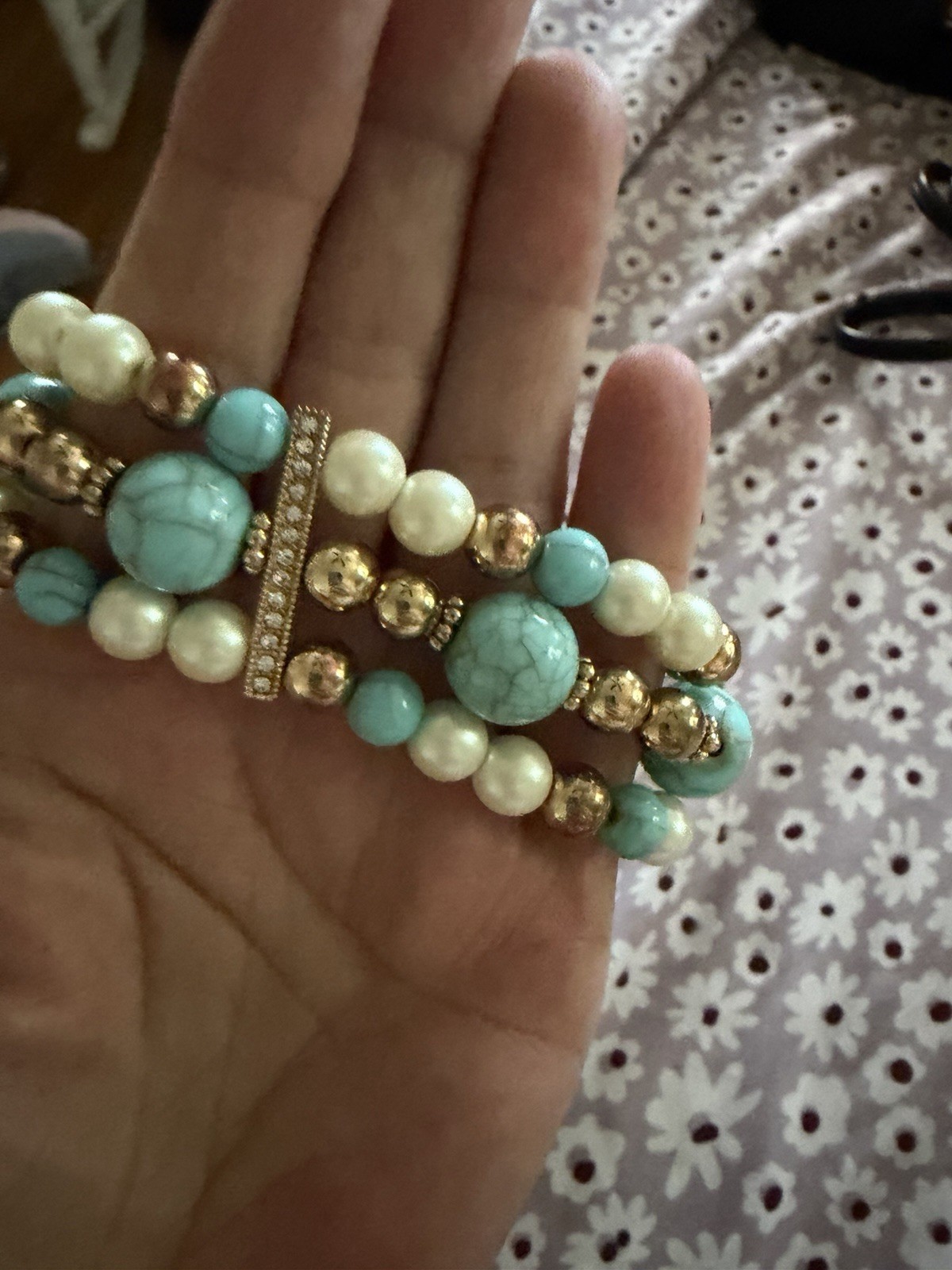 Vintage Turquoise & White Faux Pearl Beaded Bracelet Gold Tone Rhinestone Bar