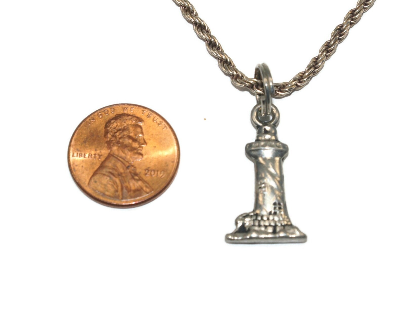 Vintage Italian Sterling Silver Lighthouse Pendant on 20″ Rope Chain, Italy 925.