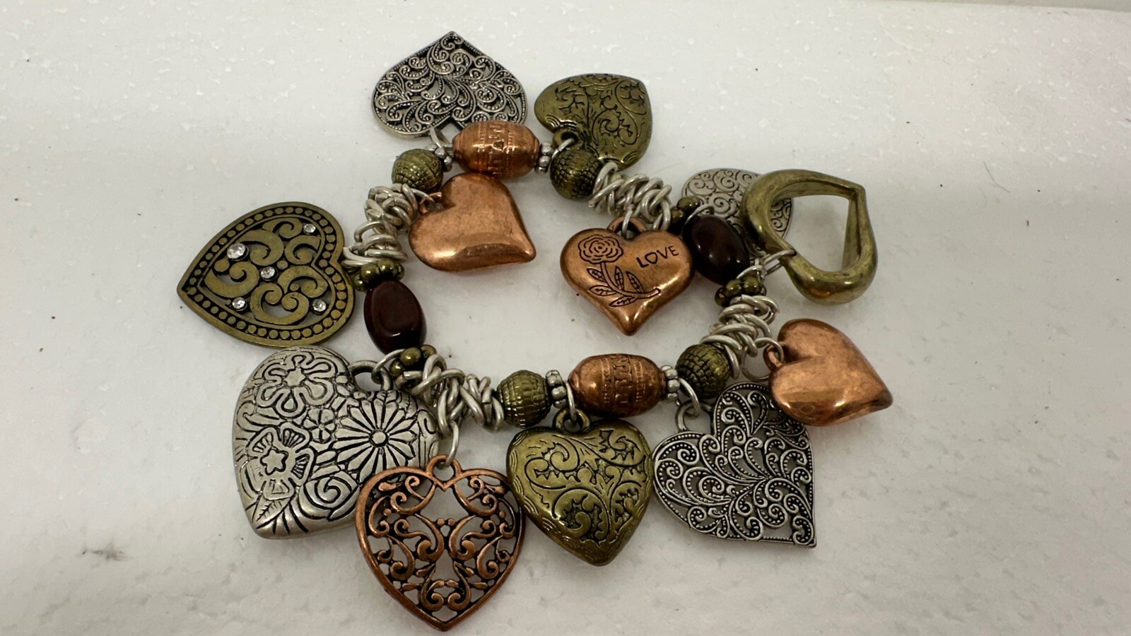 Liza Kim Multi Heart Silver, Copper, Gold Tone Charm Stretch Bracelet