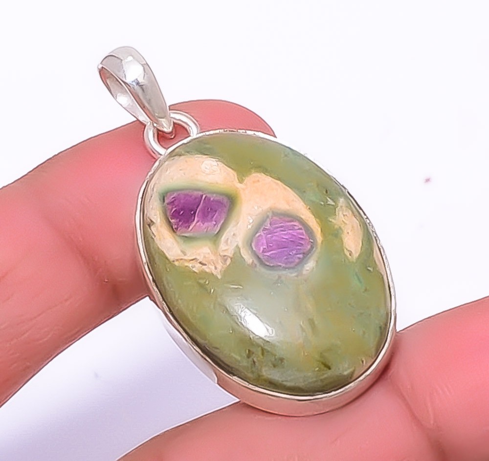Ruby In Fuschite- India Gemstone (Lab-Created) 925 Silver Plated Pendant 1.68″