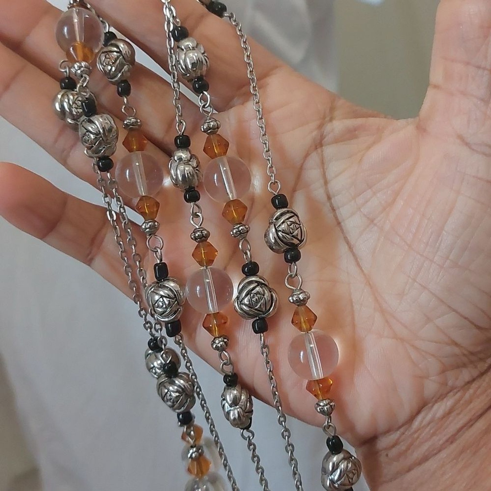 Station Style Extra Long Necklace with Lucite Plastic and Silver Tone Metal