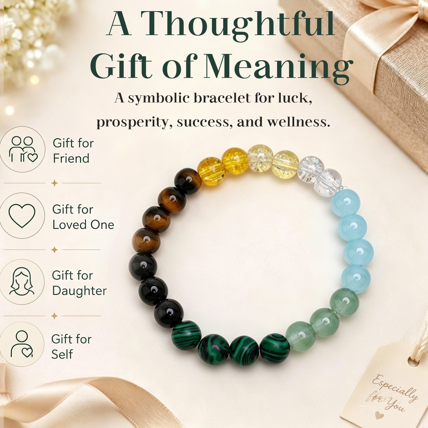 Money Wealth Natural Stone Bracelet Crystal Beaded Stretch for Him Her Gift Idea