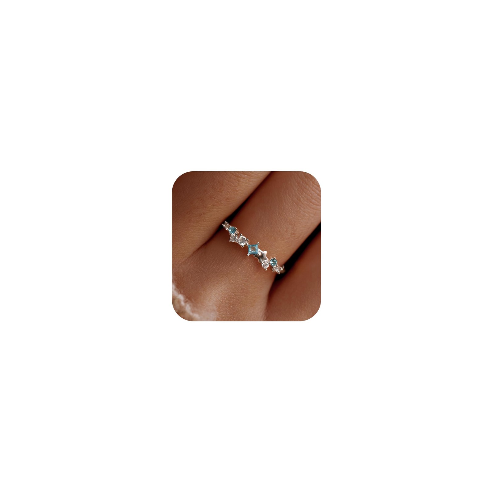 S925 Sterling Silver Aquamarine Ring for Women, Star Blue CZ Stackable Births…